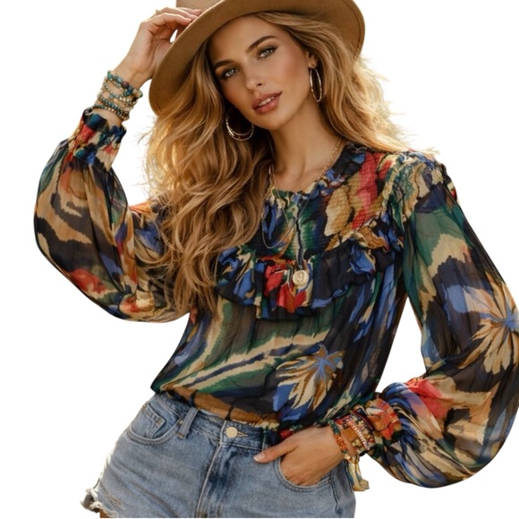 FARM Rio Tops - Farm Rio Chevron Forest Black Blouse Size Small Boho Festival Floral Statement